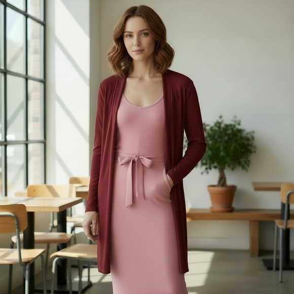 Iman Cardigan- Deep Red Open Front Ribbed Knit w Pockets- Size Large EUC - Picture 9 of 9